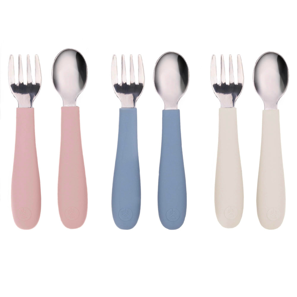 WeeSprout toddler utensils with 3 forks and 3 spoons for independent eating.