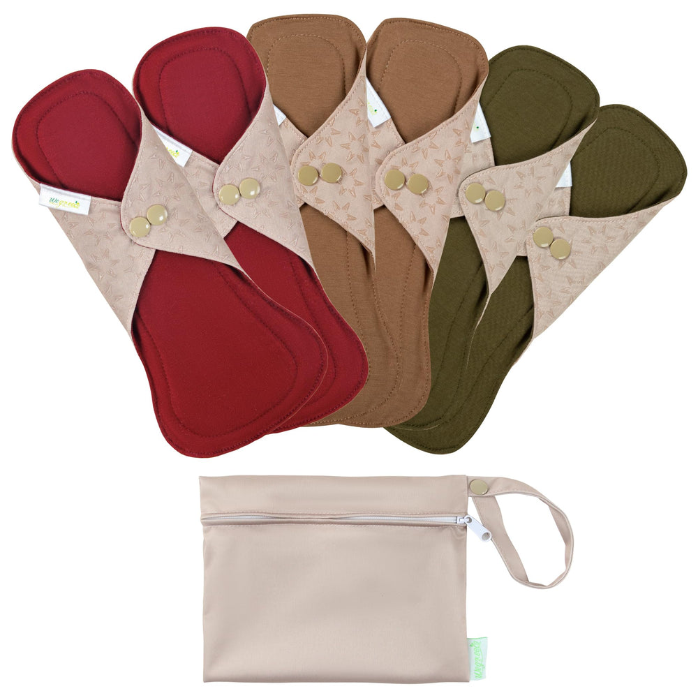 Wegreeco 6pc reusable cloth pads set in aqua, burgundy, and rose gold outer for everyday comfort.