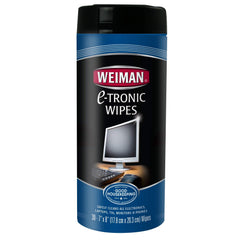 Weiman electronic wipes canister 30-count closeup removes fingerprints from screens.