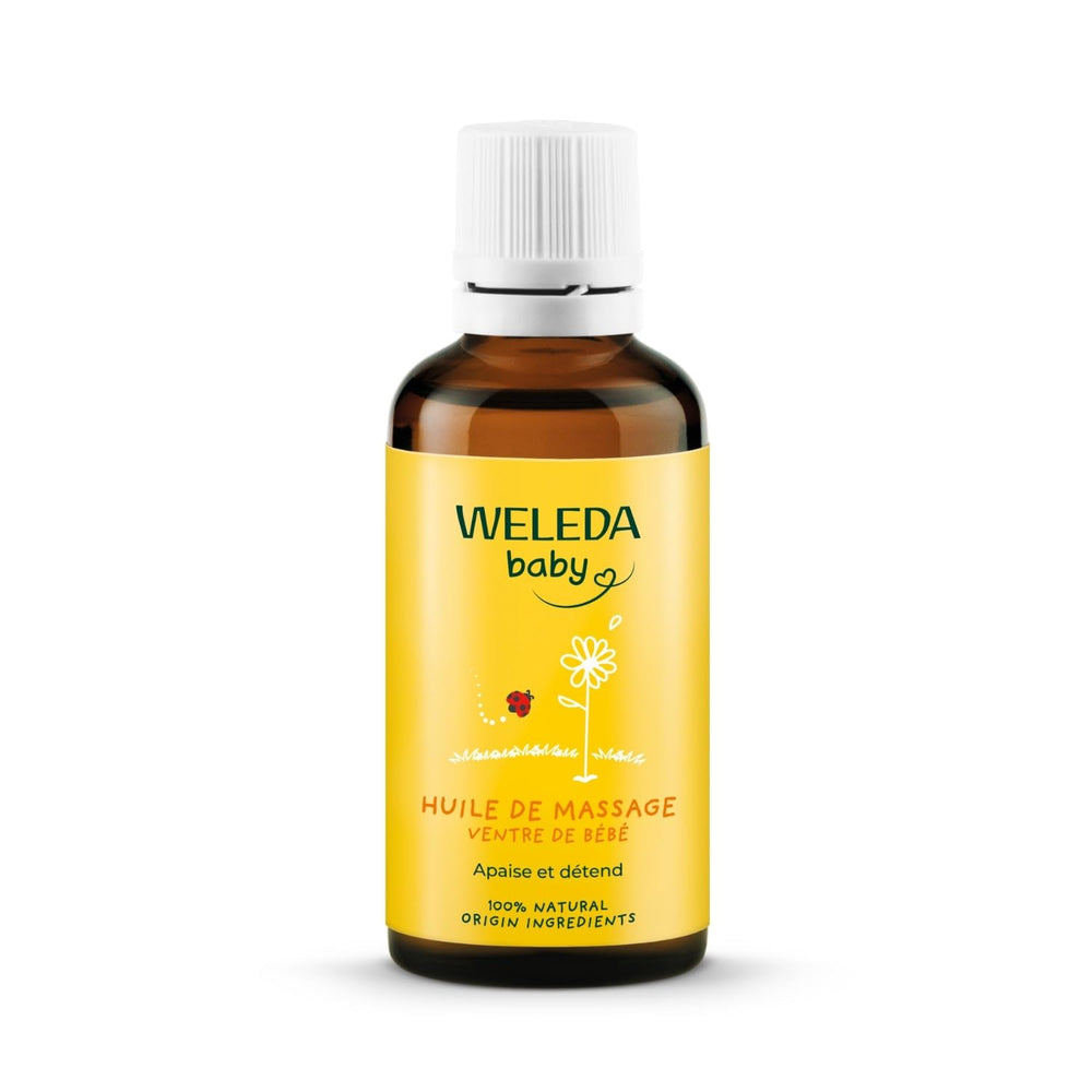 Weleda Baby Tummy Oil bottle for gentle skin nourishment during massage.