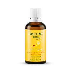 Weleda Baby Tummy Oil bottle for gentle skin nourishment during massage.
