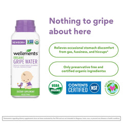 Wellements Gripe Water label shows organic certifications and ingredients.