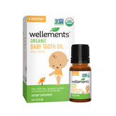 Wellements Organic Baby Tooth Oil packaging showcasing organic ingredients for teething care.