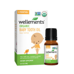 Wellements Organic Baby Tooth Oil packaging showcasing organic ingredients for teething care.