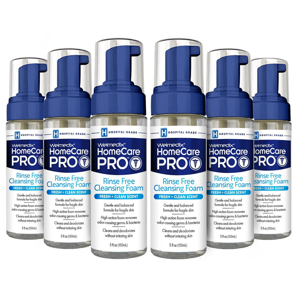 Welmedix Rinse Free Cleansing Foam pack shows convenient waterless cleansing for caregivers.