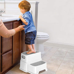Gray bottom step provides stability during potty training and handwashing.