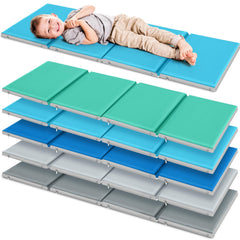Wesiti nap mats folded compactly for easy storage in a classroom or home.