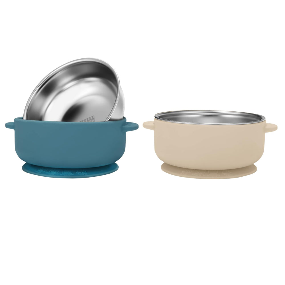 Wesketch blue and cream two-pack baby bowls on table for easy feeding and stacking
