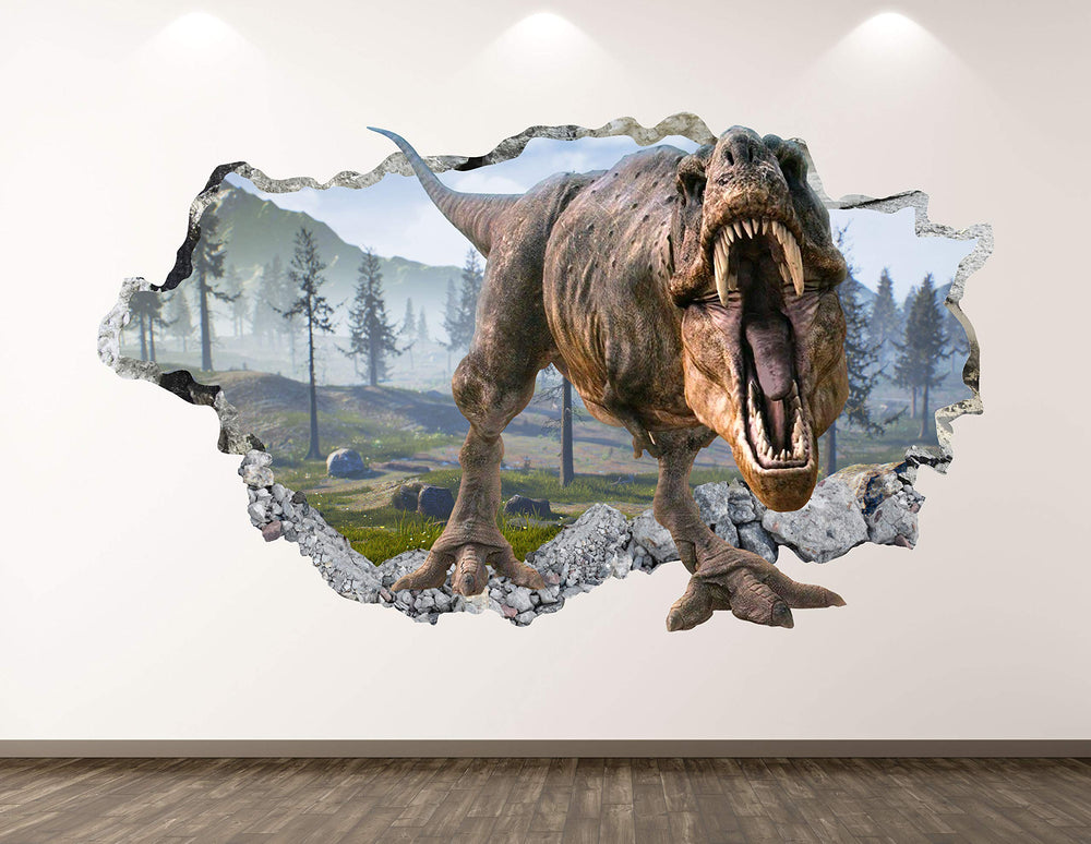 West Mountain Wild Dinosaur wall decal 3D smashed T-Rex for kids room decor, easy peel-and-stick.
