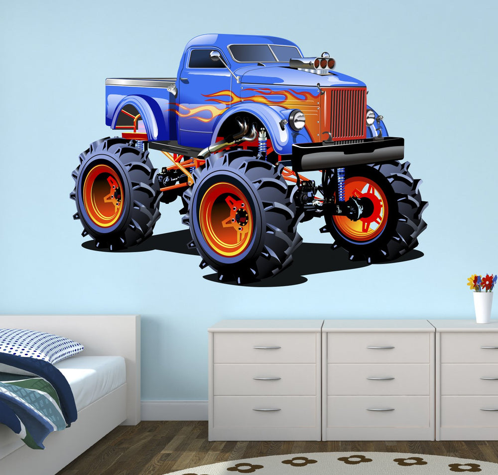 West Mountain Super Monster Truck wall decal brightens nursery wall for imaginative play.