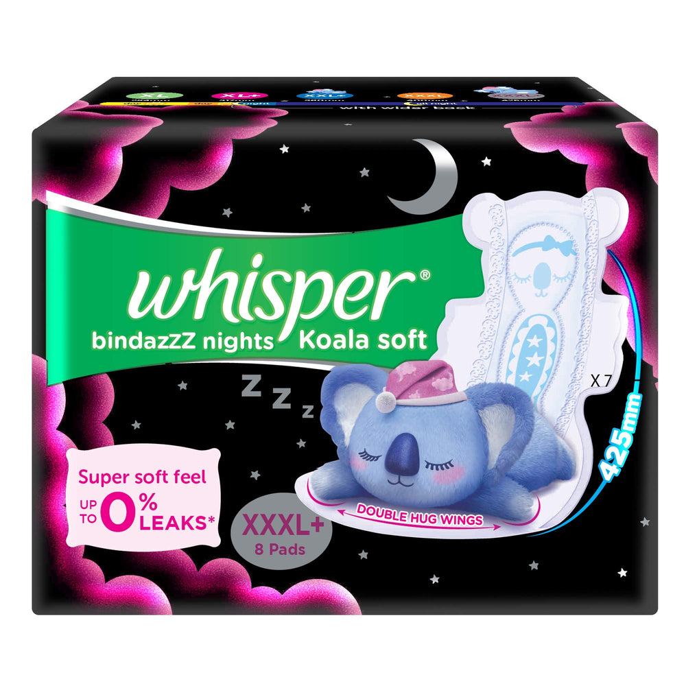 Whisper Ultra Night XXXL+ packaging image shows discreet, travel-ready protection