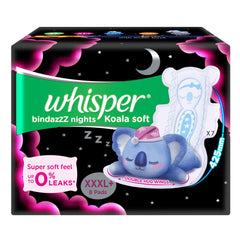 Whisper Ultra Night XXXL+ packaging image shows discreet, travel-ready protection