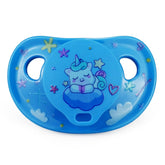 WhisperWilds adult pacifier with blue unicorn pattern and case for soothing relief.