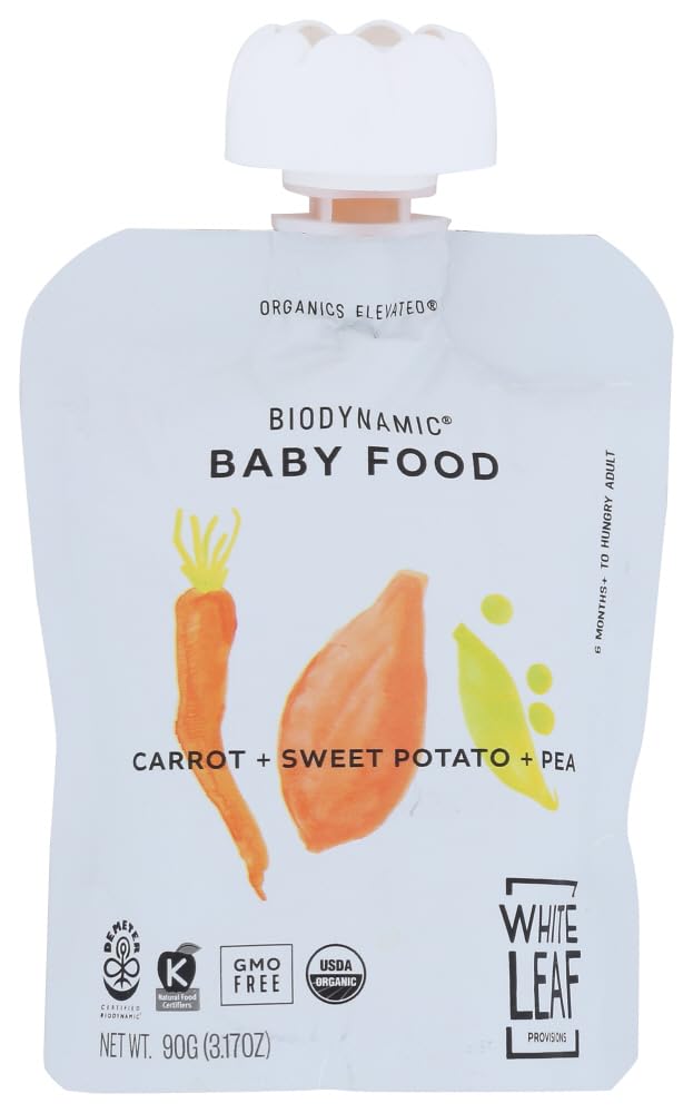 White Leaf Provisions carrot-sweet-potato-pea pouch, unsweetened and ready for on-the-go feeding.