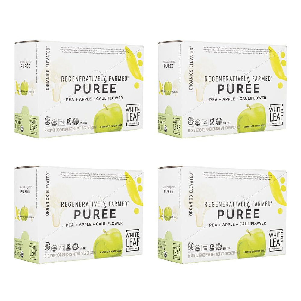 White Leaf Provisions pea-apple-cauliflower pouch front for mess-free, on-the-go feeding.