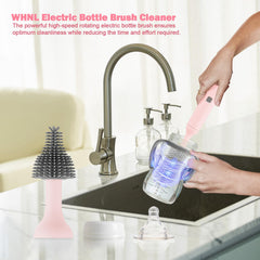 WHNL electric bottle brush head showing replaceable silicone bristles for gentle scrubbing.
