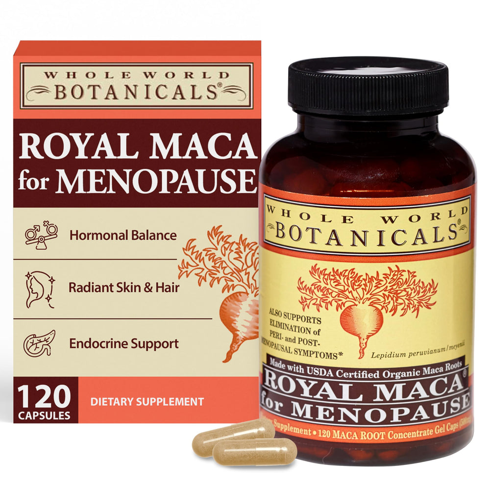 Whole World Botanicals Royal Maca bottle front for menopause support