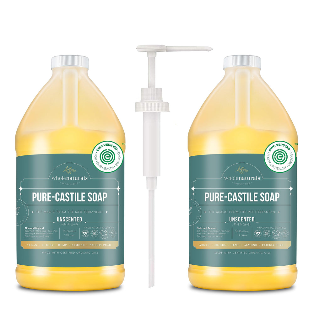WHOLENATURALS Pure Castile Soap with pump for mess-free dilution.