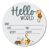 Wholesale Woodcuts Birth Stat acrylic sign with jungle animals, perfect for nursery decor and photos.