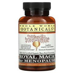 WholeWorld Royal Maca menopause bottle with 120 capsules for potential hormonal support.
