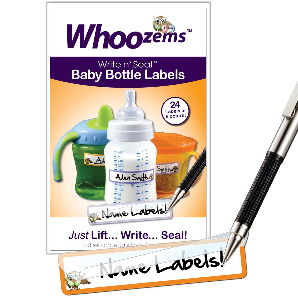 Whoozems baby bottle labels pack with self-laminate for moisture protection.