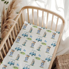 Wicbfdfv Bear Golf crib sheet in blue fits standard cribs securely for a snug sleep.