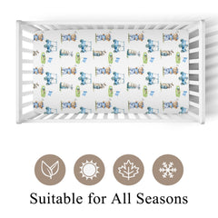 Close-up of bear golf pattern highlights stylish, unisex nursery decor.