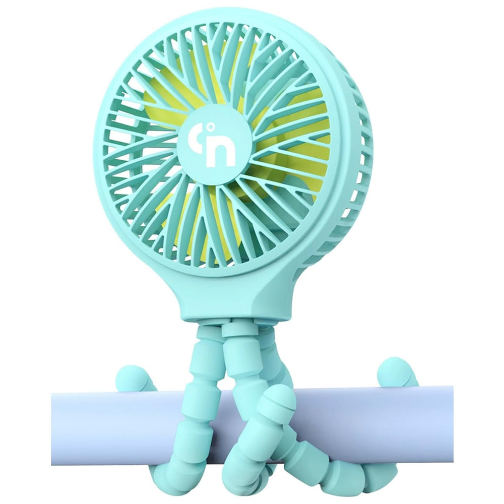 WiHoo portable stroller fan clip-on blue keeps baby cool on outdoor strolls.