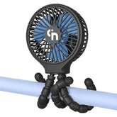 WiHoo clip-on stroller fan attached to a stroller for on-the-go cooling.