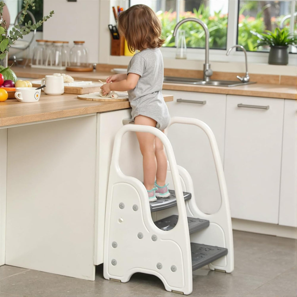 Wiifo 3-step stool gray side view shows sturdy base for toddler training