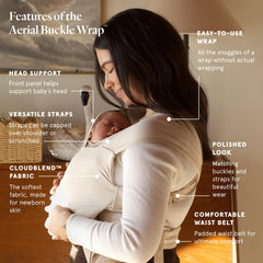WildBird Aerial Buckle Wrap with head support keeps newborn secure during front carries.