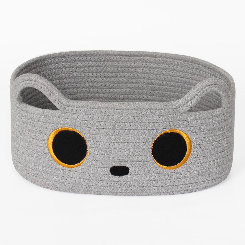 Willitat gray cat toy basket with ears decor and storage for small items.