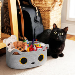 Willitat gray cat toy basket features soft edges for kid and pet safety.