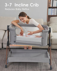 Winchild bassinet gray with mesh walls promotes airflow and easy baby monitoring.