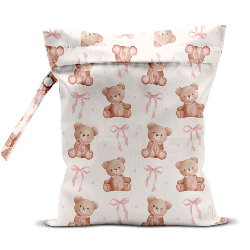 WINGTECA wet bag with bear pink bow design for organized baby gear on the go.