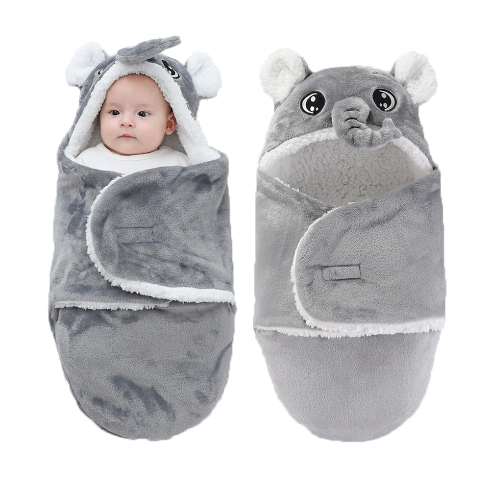 Winmany baby hooded swaddle in grey elephant for 0-3 months; extra warmth and cozy wrap.