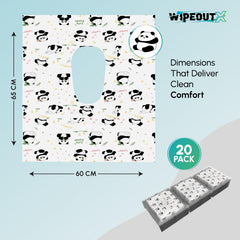 WIPEOUTX panda-print seat cover design highlights kid-friendly potty training appeal.