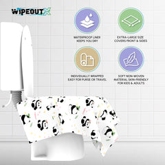 WIPEOUTX XL 23x25 seat cover shown on a standard toilet for full protection.