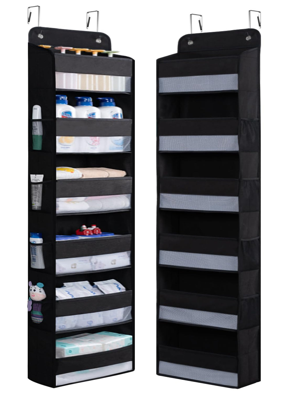 WishJazz over-the-door organizer with 6 large pockets keeps toys and diapers tidy.