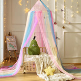 Wnqou Rainbow Bed Canopy top view highlights airy fabric for a dreamy kids room space