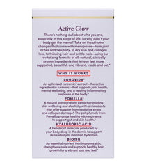 Close-up of Active Glow capsules highlighting biotin and hyaluronic acid benefits.