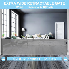WOMHOM retractable mesh gate with baseboard adjustment for a snug fit.