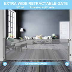 WOMHOM retractable-mesh gate rolled up to save space and ease guest passage.