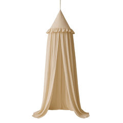 Wonder Space kids bed canopy with ruffles khaki over crib adding a cozy sleep space.