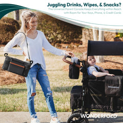 WonderFold Outdoor parent console with hook-and-loop attachment for quick stroller setup.