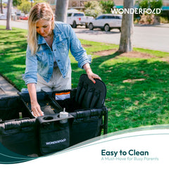 WonderFold W4 Flex Snack Tray wipes clean after meals and snacks.
