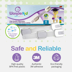 Wonderkid adhesive pad cabinet latches install easily for one-handed access.