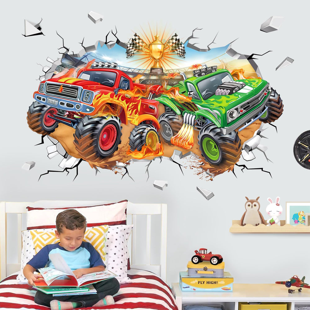 Wondever 3D racing car wall sticker adds a vibrant race scene to a boy's room
