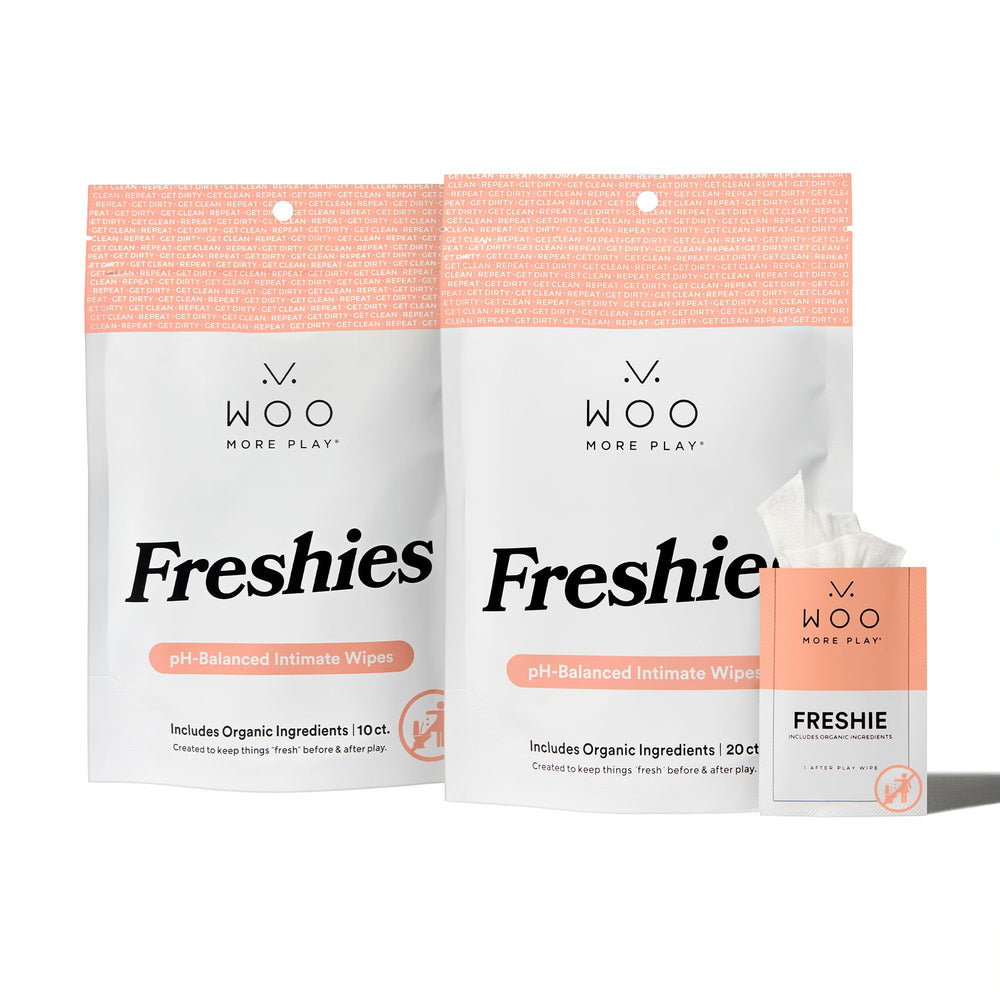 Woo More Play Freshies packet front for discreet on-the-go refreshing.