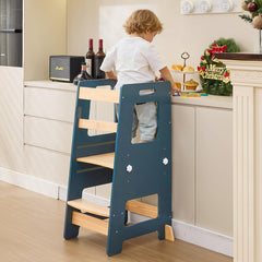 WOOD CITY Kitchen Step Stool front view deep blue for safe reaching